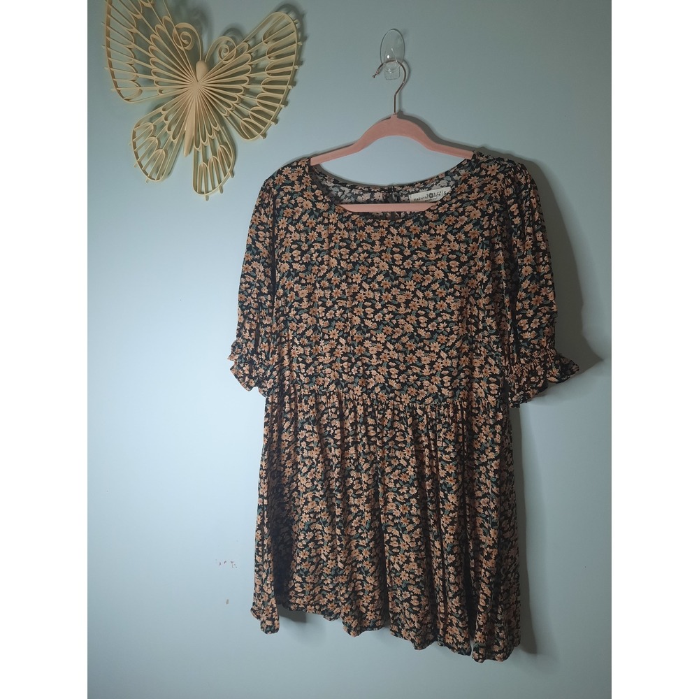 Natural Life Floral Babydoll Tunic Top Sz S Black Peach Rayon Boho Ruffle Sleeve